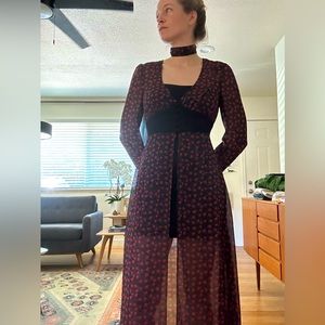 Urban Outfitters open-front, sheer dress ft. red poppy micro print